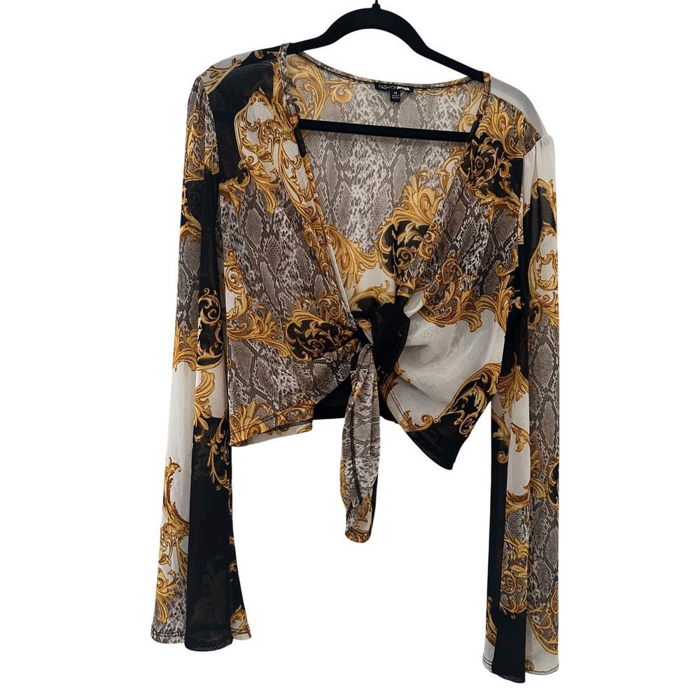 Fashion Nova Baroque Snakeskin Mesh Tie Front Bell Sleeve Top 1X Mob Wife Glam